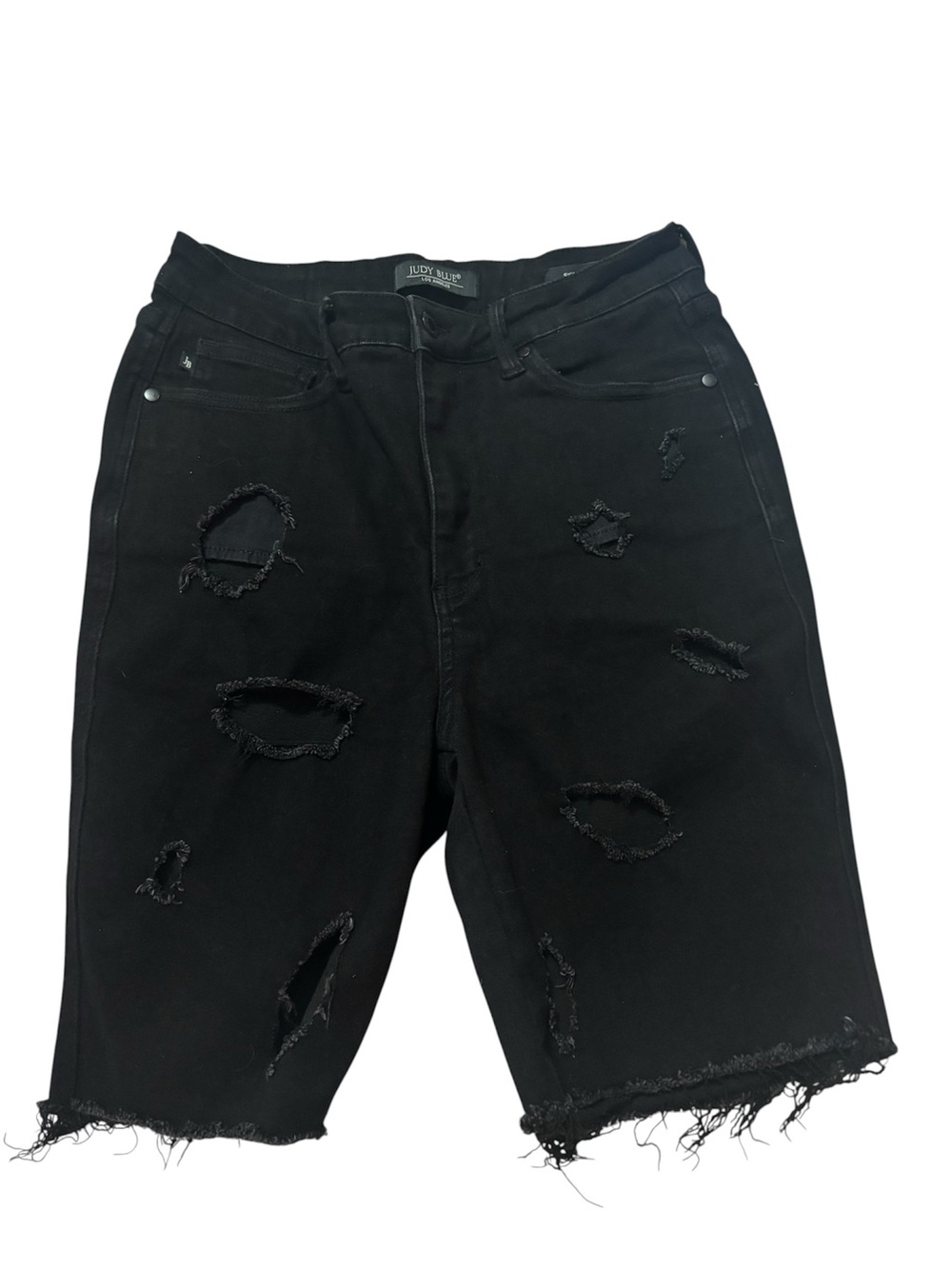 Judy Blue Black Distressed Bermuda Denim Shorts Size 11/30 Skinny Fit Raw Hem